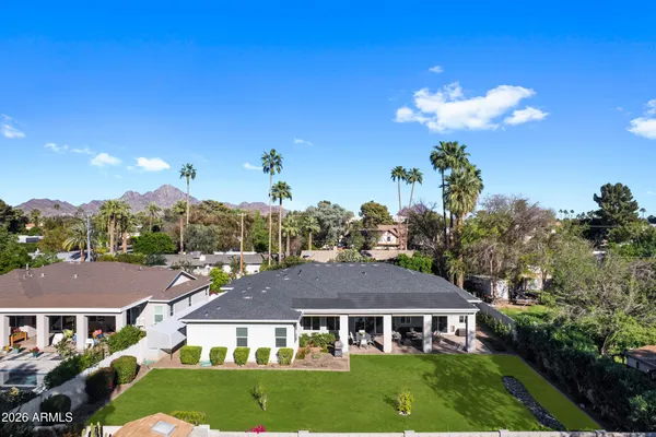 a view of a town with large trees