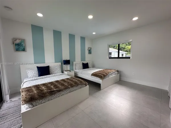 a bedroom with two beds and painted walls