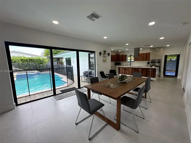 a view of a dining room with furniture window and outside view