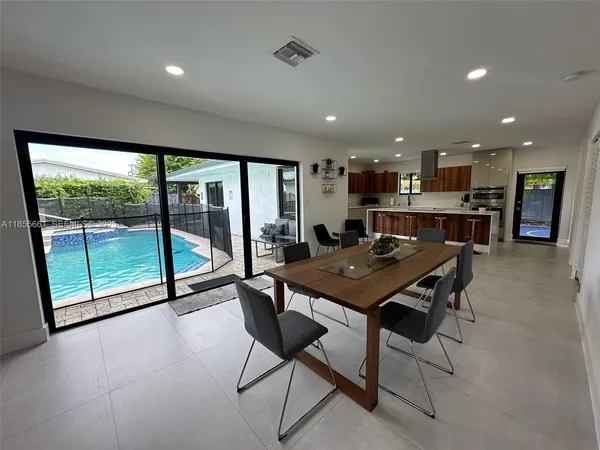a view of a dining room with furniture window and outside view