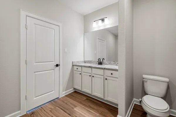 a bathroom with a toilet a sink a mirror and vanity