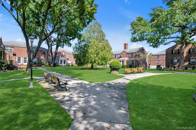a view of a park with bench and trees