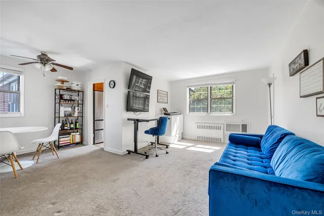 a living room with furniture a window and a flat screen tv