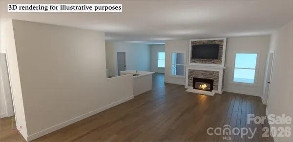 a view of empty room with wooden floor and fireplace