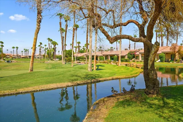 a view of a lake with a building and a park