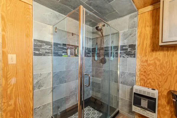 a bathroom with a shower and a sink