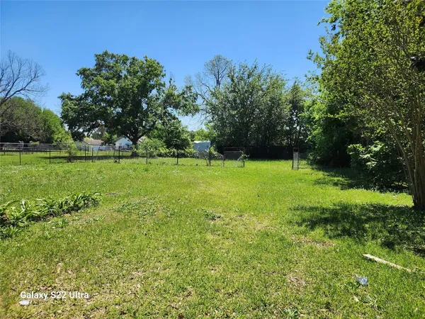 a view of a grassy field with trees in the background