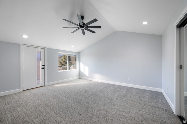 476 Spring Drive Toquerville, UT 84774 - Photo 53 of 95 Unfurnished living room featuring carpet floors, recessed lighting, ceiling fan, and vaulted ceiling