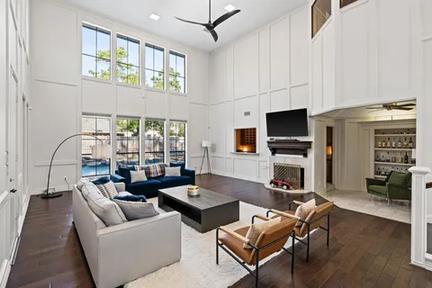 a living room with fireplace furniture and a flat screen tv