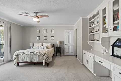 a bedroom with a bed a ceiling fan and a rug