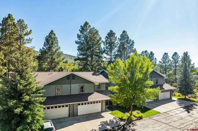 an aerial view of residential houses with outdoor space and trees