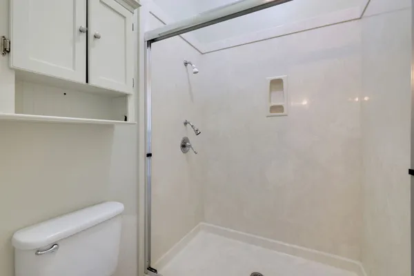 a bathroom with a shower and toilet