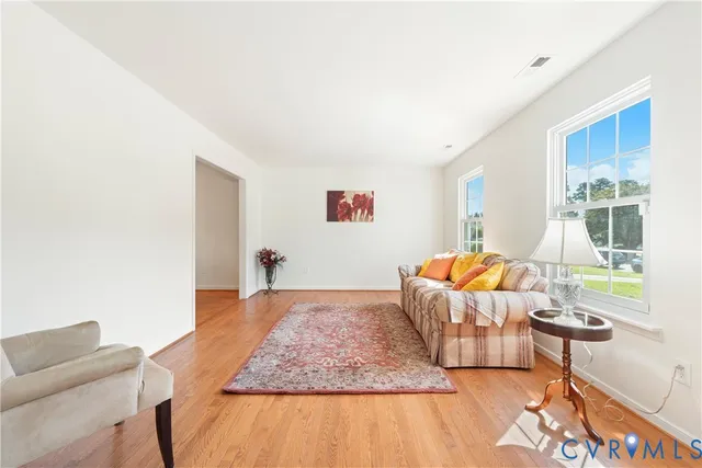 a living room with a couch and a rug