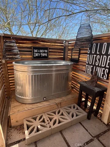 a view of a terrace with city view