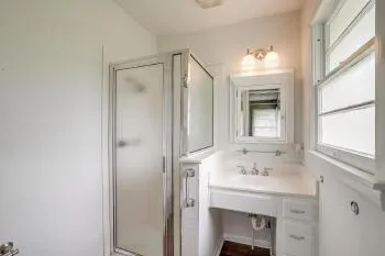a bathroom with a sink a mirror and a shower