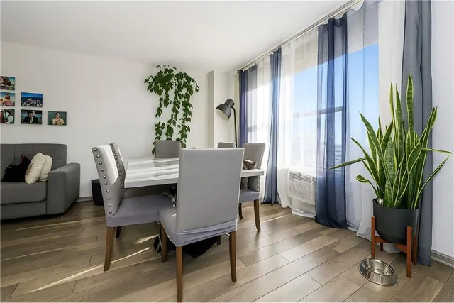a living room with furniture flowerpot and wooden floor