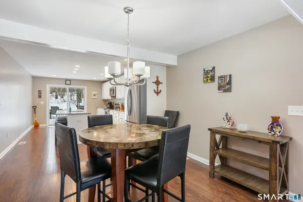 a view of a dining room with furniture and wooden floor