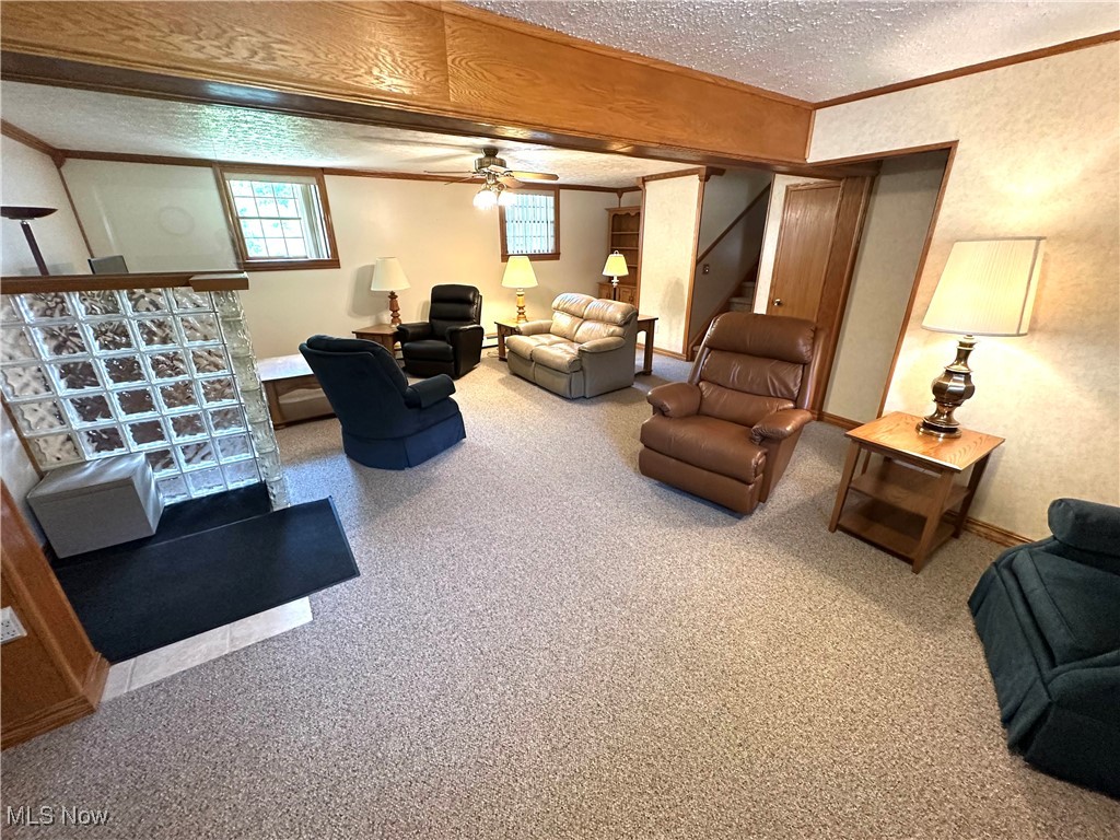 1684 Morris Street Mineral Ridge, OH 44440 - Photo 8 of 50 Living area with a textured ceiling, ornamental molding, carpet, stairway, and baseboards
