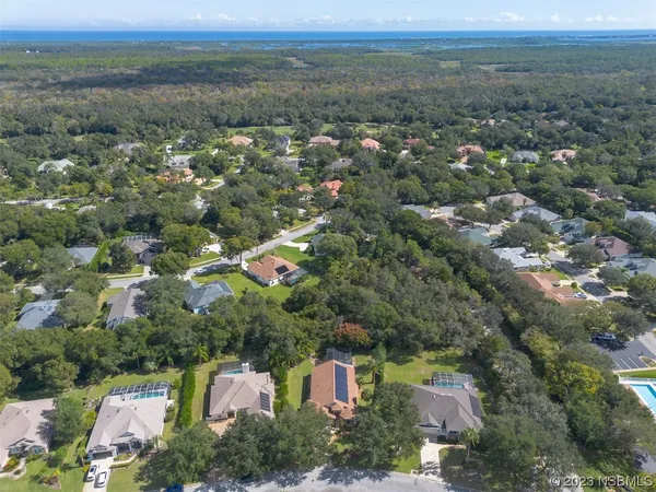 an aerial view of residential houses with outdoor space and trees
