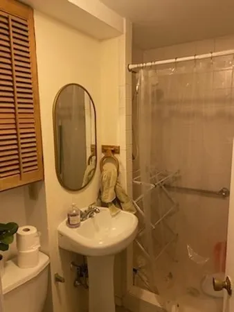 a bathroom with a sink a toilet and shower