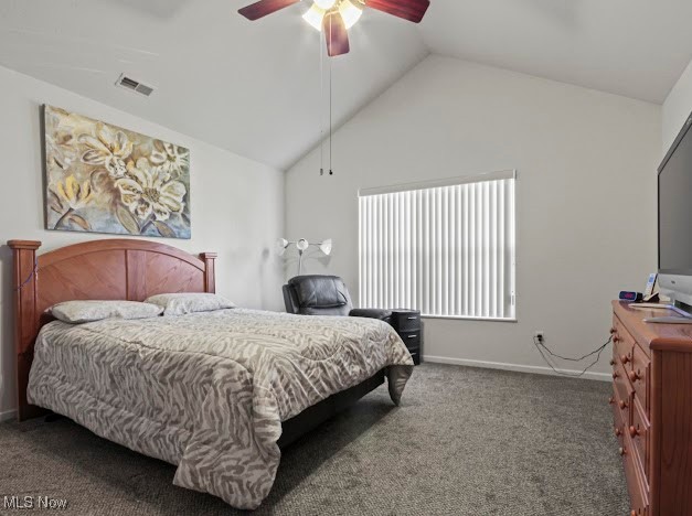 9151 Springfield Road, Unit 703 Youngstown, OH 44514 - Photo 13 of 19 Bedroom featuring visible vents, lofted ceiling, baseboards, a ceiling fan, and carpet