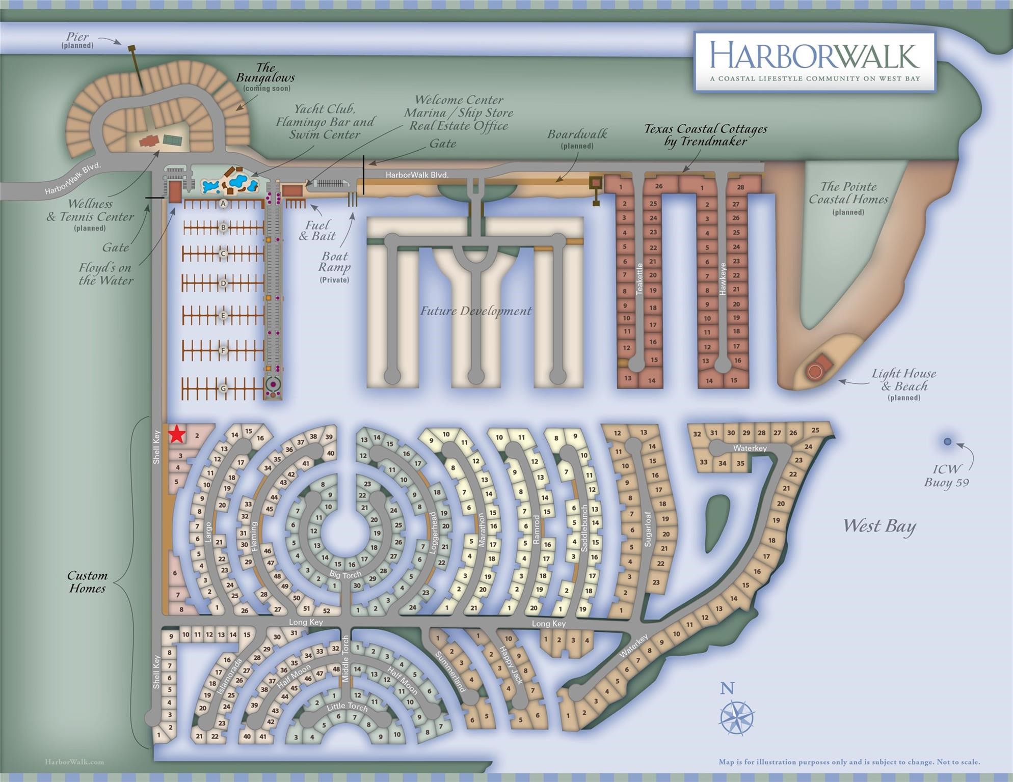 49 Shell Key Hitchcock, TX 77563 - Photo 3 of 33 49 Shell Key is pictured on the left side of the Harborwalk Community map, noted with a red star. It holds a prime position directly across from the marina on a corner lot next to walking trails, wetlands, and views straight down the sea channel to the intracoastal waterway.
