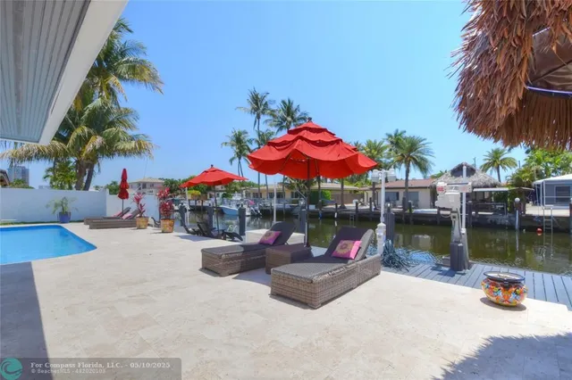 an outdoor space with seating