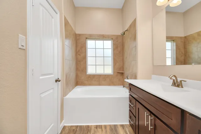 a bathroom with a tub sink and mirror