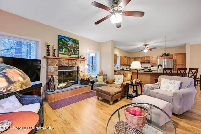 a view of a dining room with furniture