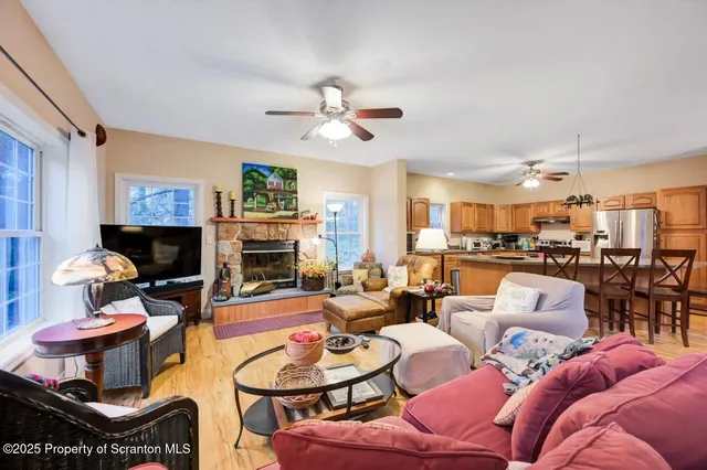 a living room with furniture and a fireplace