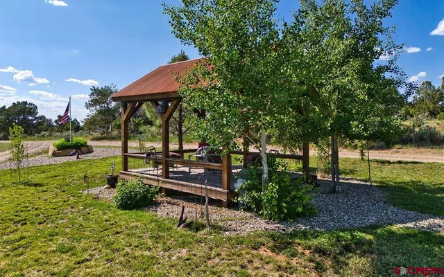 a view of a garden with a bench and some trees