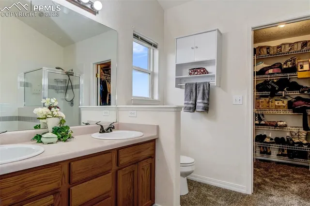 a bathroom with a sink a toilet and large mirror