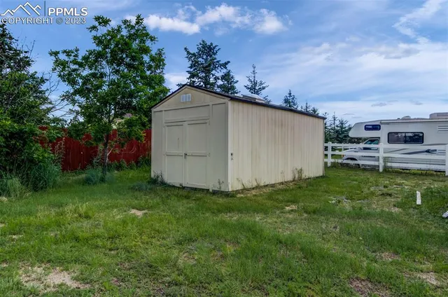 a view of a backyard with potted plants and large tree