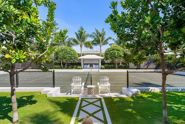 a view of a bench in a garden