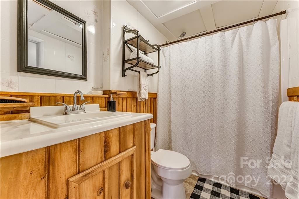 1305 Old Balsam Road Waynesville, NC 28786 - Photo 36 of 42 a bathroom with a sink a toilet a mirror and shower curtain