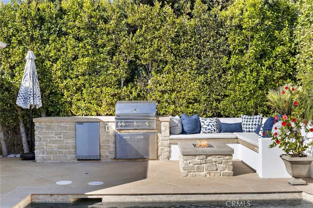 a garden view with a seating space