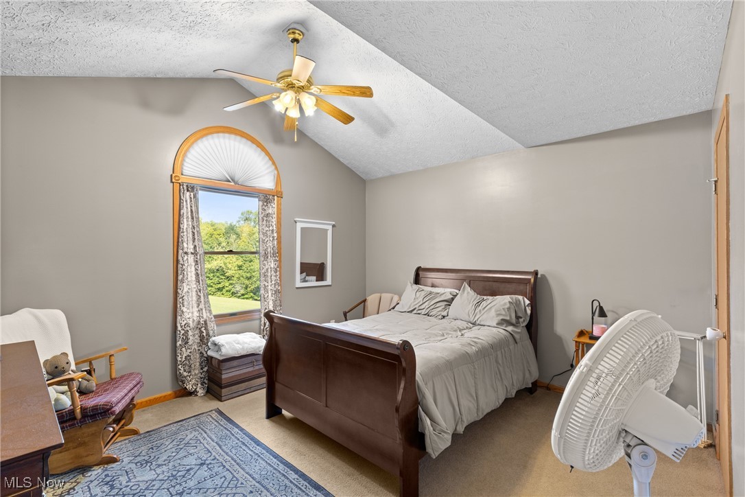 40885 Mt Hope Road Flushing, OH 43977 - Photo 23 of 50 Bedroom with vaulted ceiling, a textured ceiling, carpet flooring, and ceiling fan