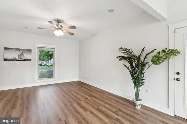 a view of a room with a potted plant with wooden floor