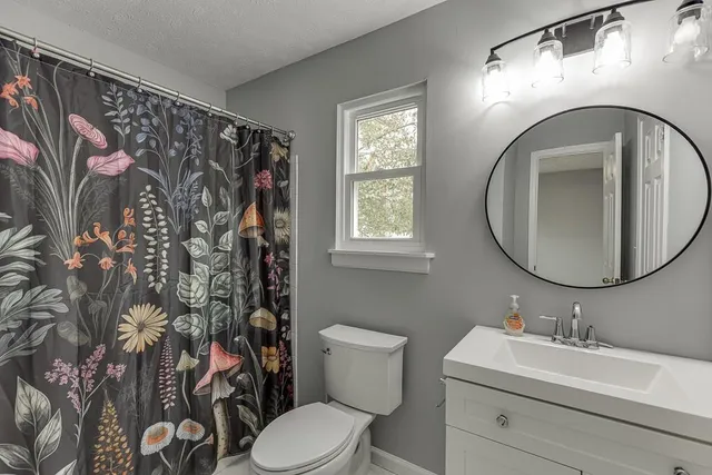 a bathroom with a sink toilet and a mirror