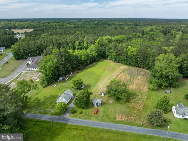 an aerial view of a residential houses with outdoor space and trees