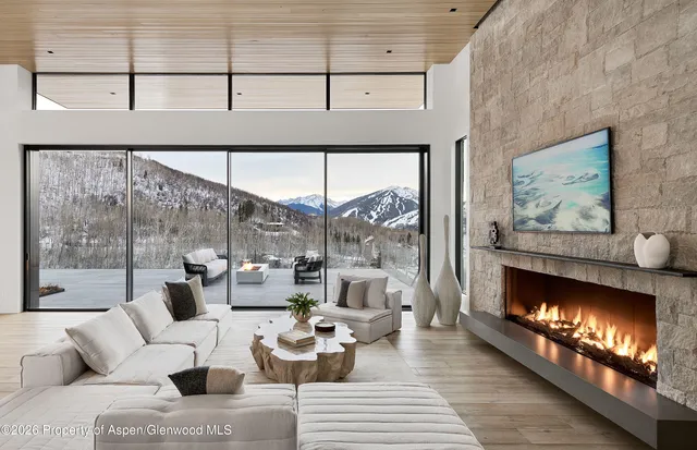 a living room with furniture a fireplace and wooden floor