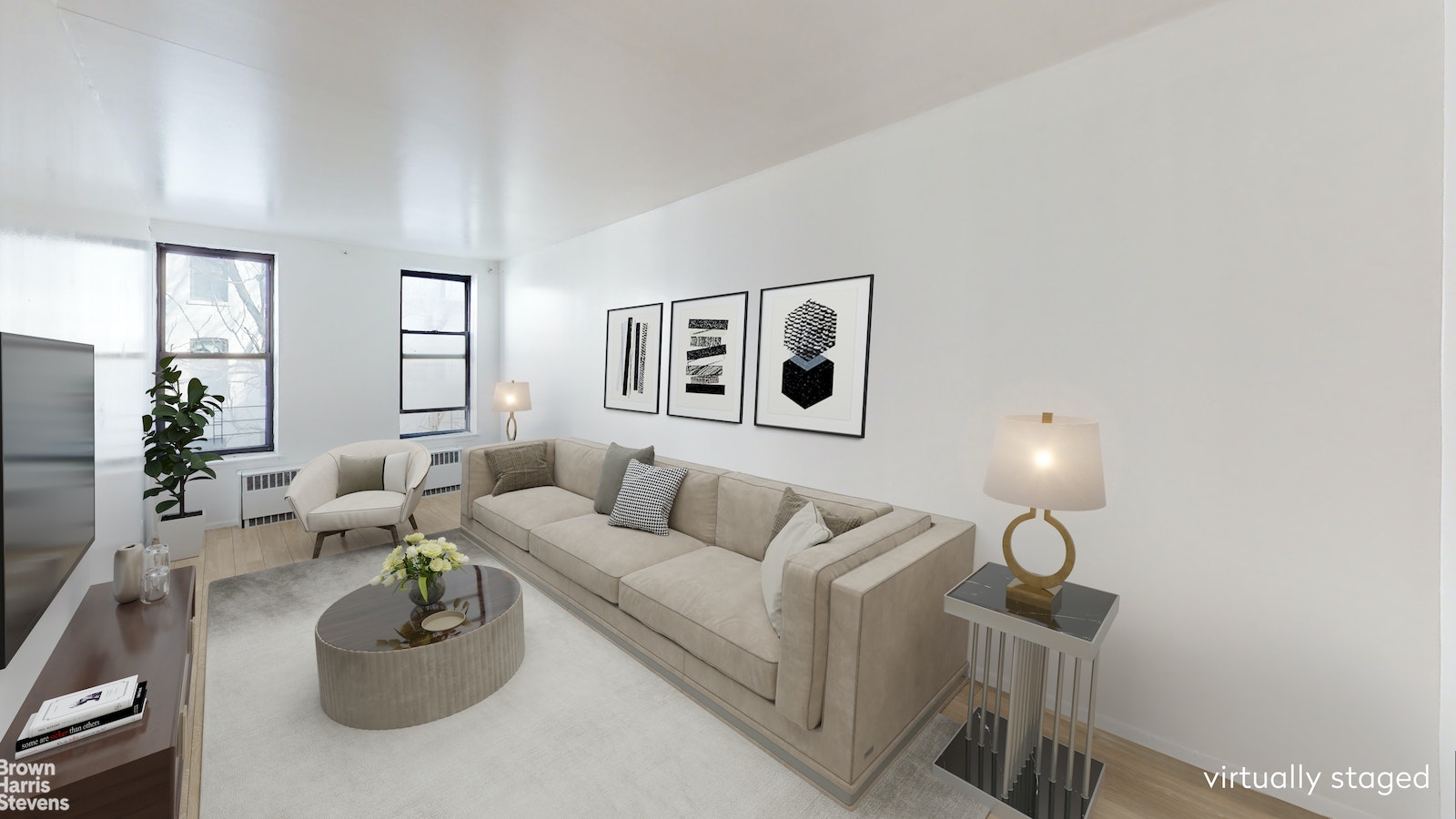 a living room with furniture and white walls