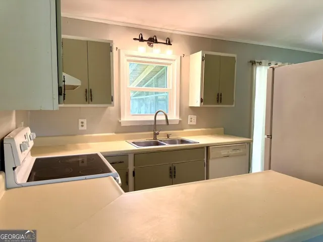 a view of a kitchen with a sink and dishwasher with wooden floor