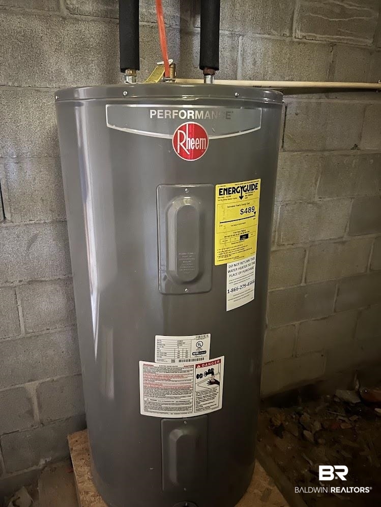 266 Ridgewood Drive Daphne, AL 36526 - Photo 29 of 34 Rheem Performance water heater with insulated pipes, set against a concrete block wall
