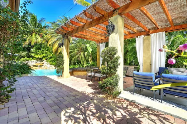 a garden view with a seating space