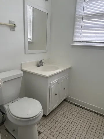 a bathroom with a sink a toilet and mirror