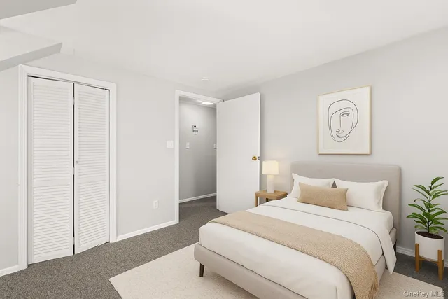 a bedroom with a bed and a closet