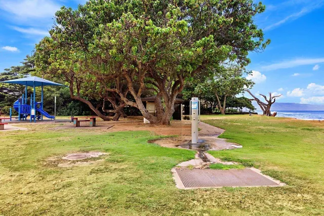 a view of a park with swings