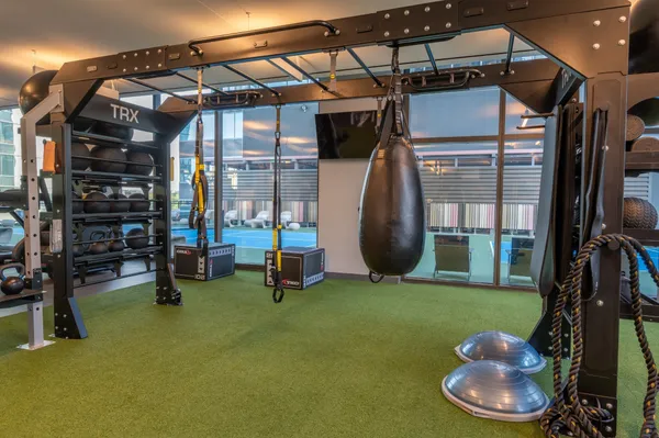a view of a room with gym equipment