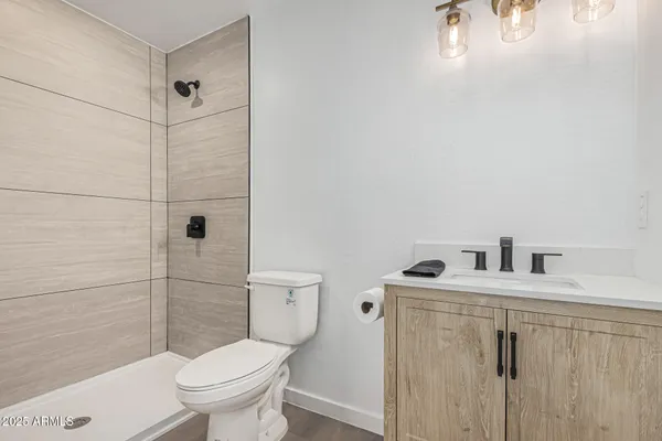 a bathroom with a toilet sink vanity and shower
